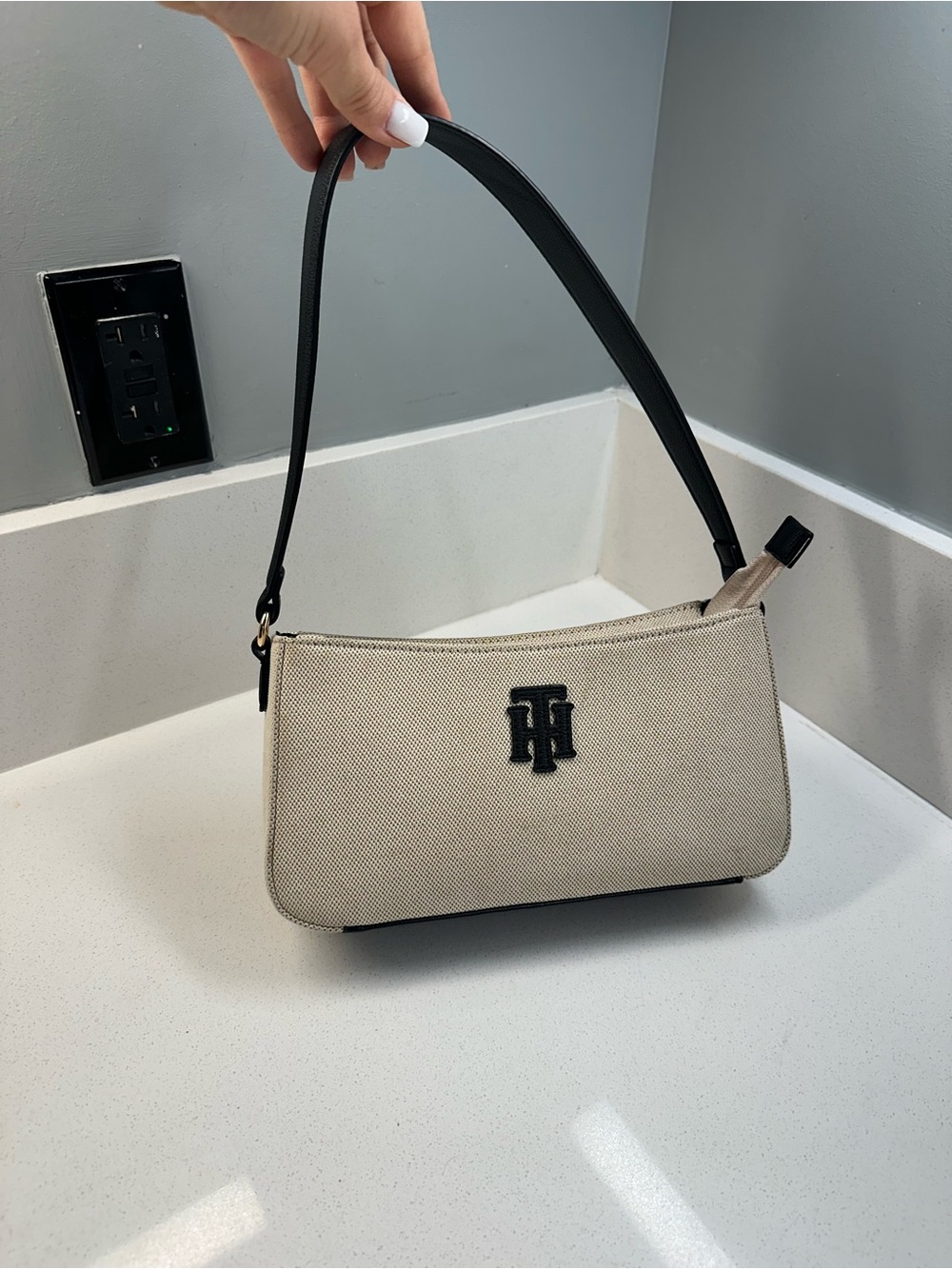 Tommy Hilfiger Canvas Shoulder Bag Beige Black Small Baguette Purse 10” x 5”
